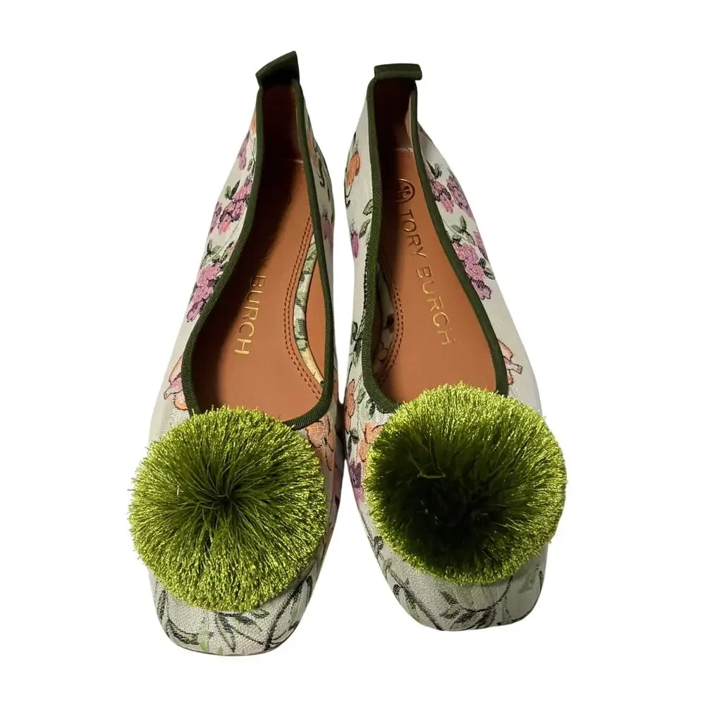Tory Burch Floral Pom Pom Ballet Flats Size 6M NWOT Canvas Leather Slip On